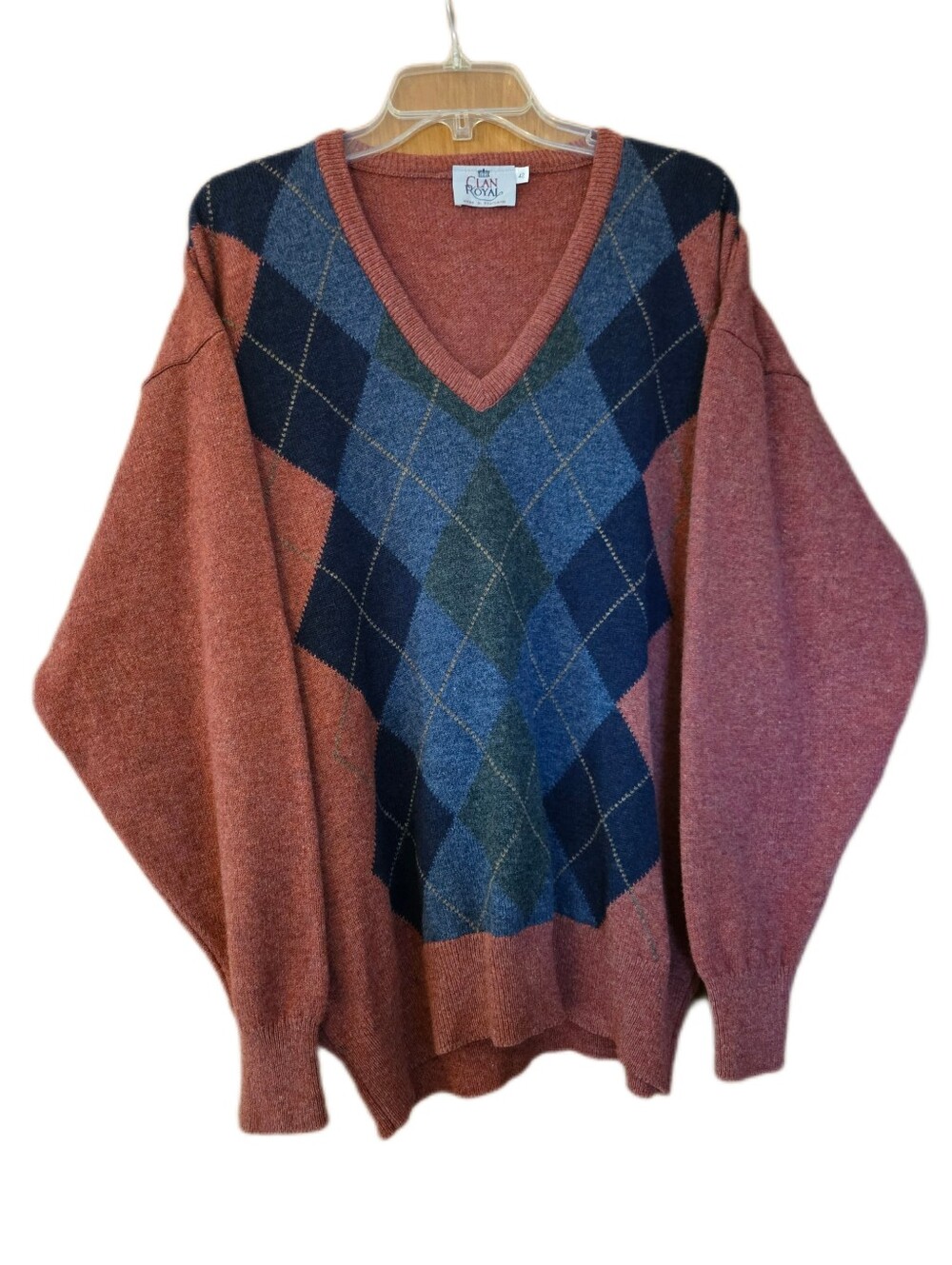 Clan Royal Lambswool Sweater Burgundy/Blue Argyle Vneck Preppy  Size Large 42